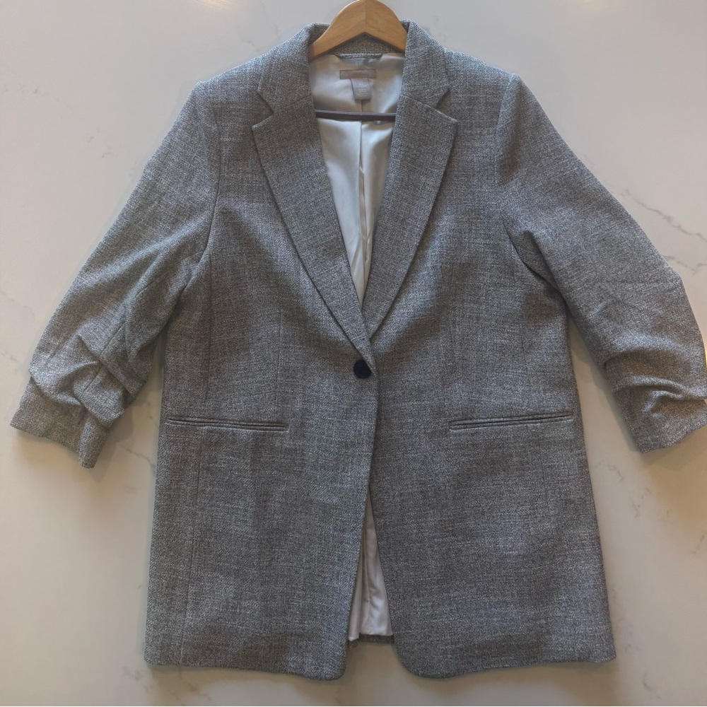 H&M Gray Tweed Oversized Single-Button Blazer Jacket